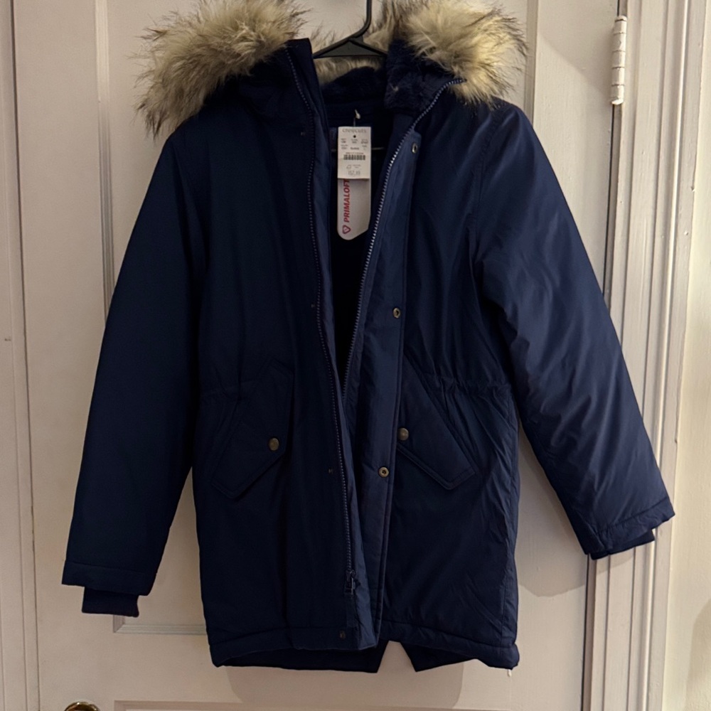Navy J Crew Youth Large Parka with Faux Fur Hood